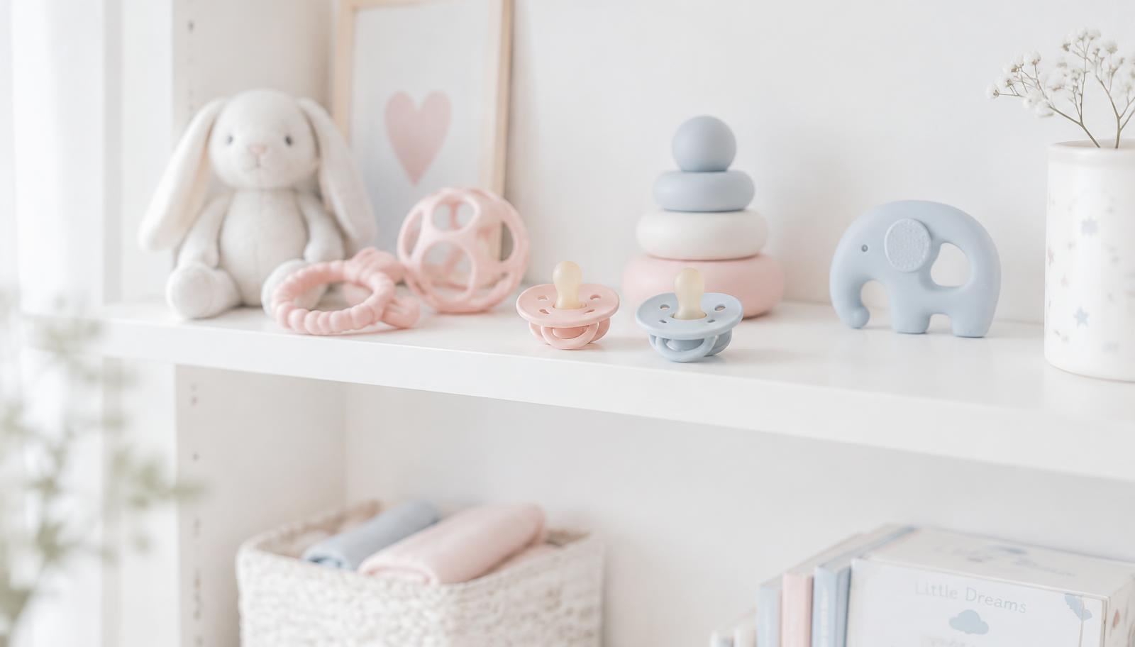 Rosa und babyblaue Silikon-Spielzeuge und Schnuller von Lil' Mina